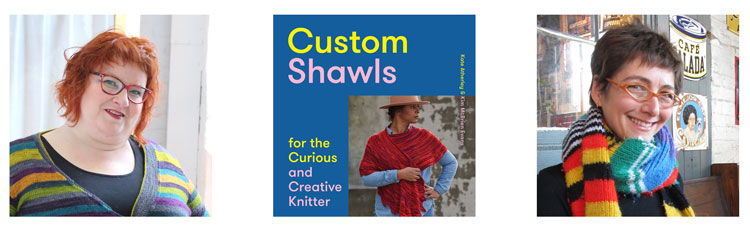 Collage of Kim McBrien Evans and Kate Atherley with the cover of their book "Custom Shawls"